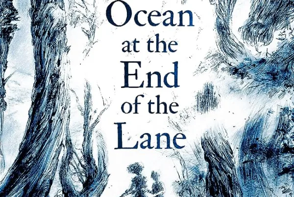 Ilustração em tons de azul e branco de duas crianças a passearem numa floresta