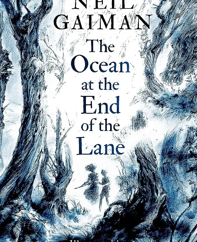 Ilustração em tons de azul e branco de duas crianças a passearem numa floresta